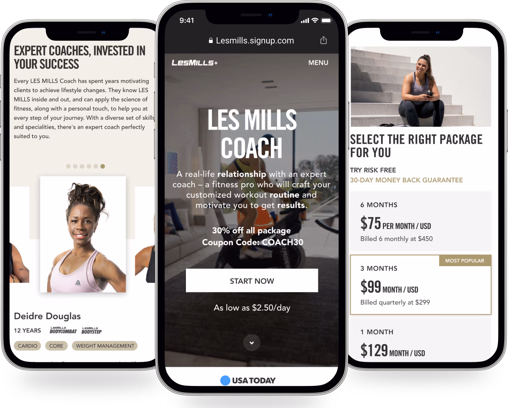 Three smartphones showing a fitness coaching website with expert coach profile, package pricing, and a 30% discount offer.