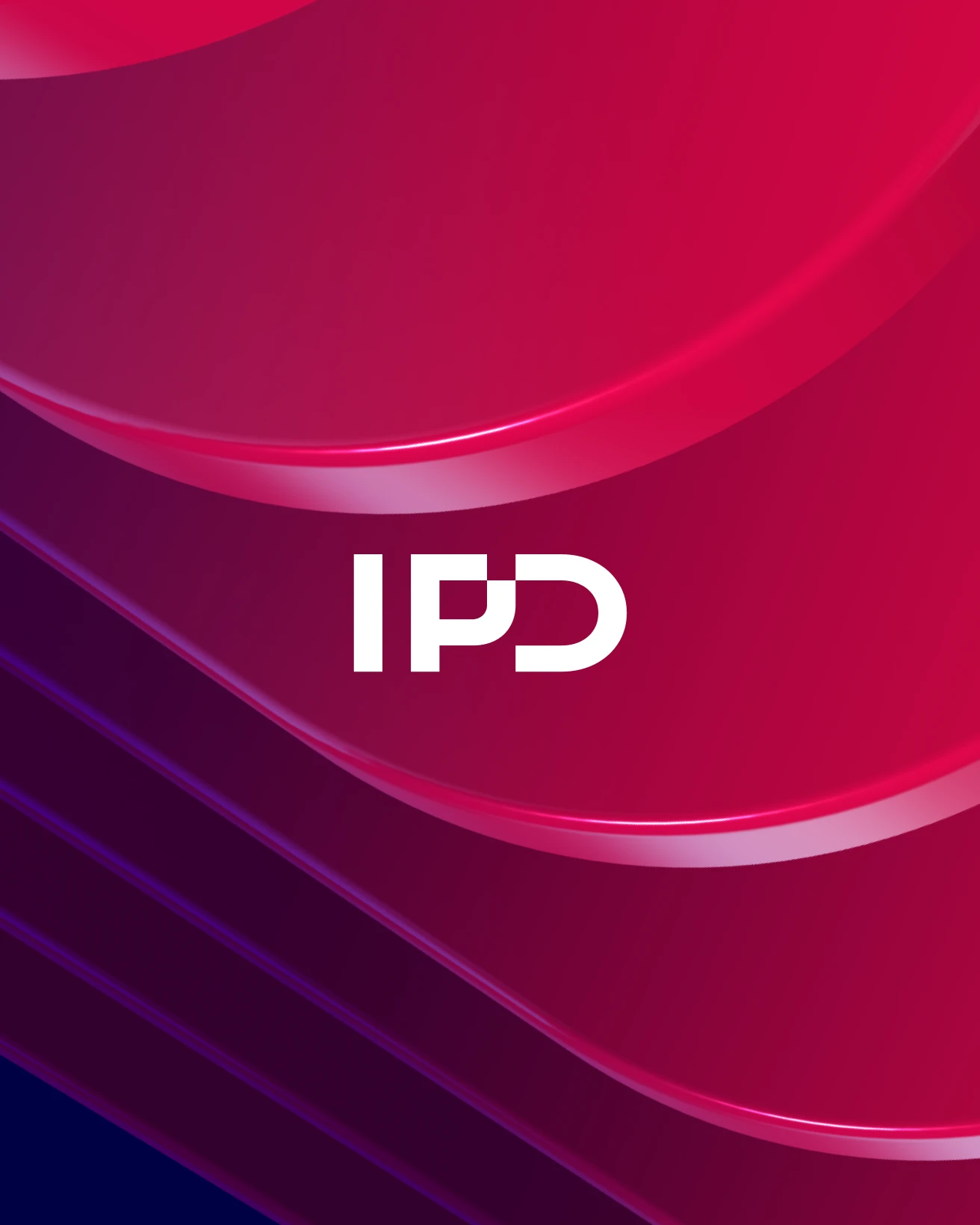 Weißes IPD-Logo auf einem Hintergrund mit geschwungenen, mehrschichtigen roten und violetten Formen.