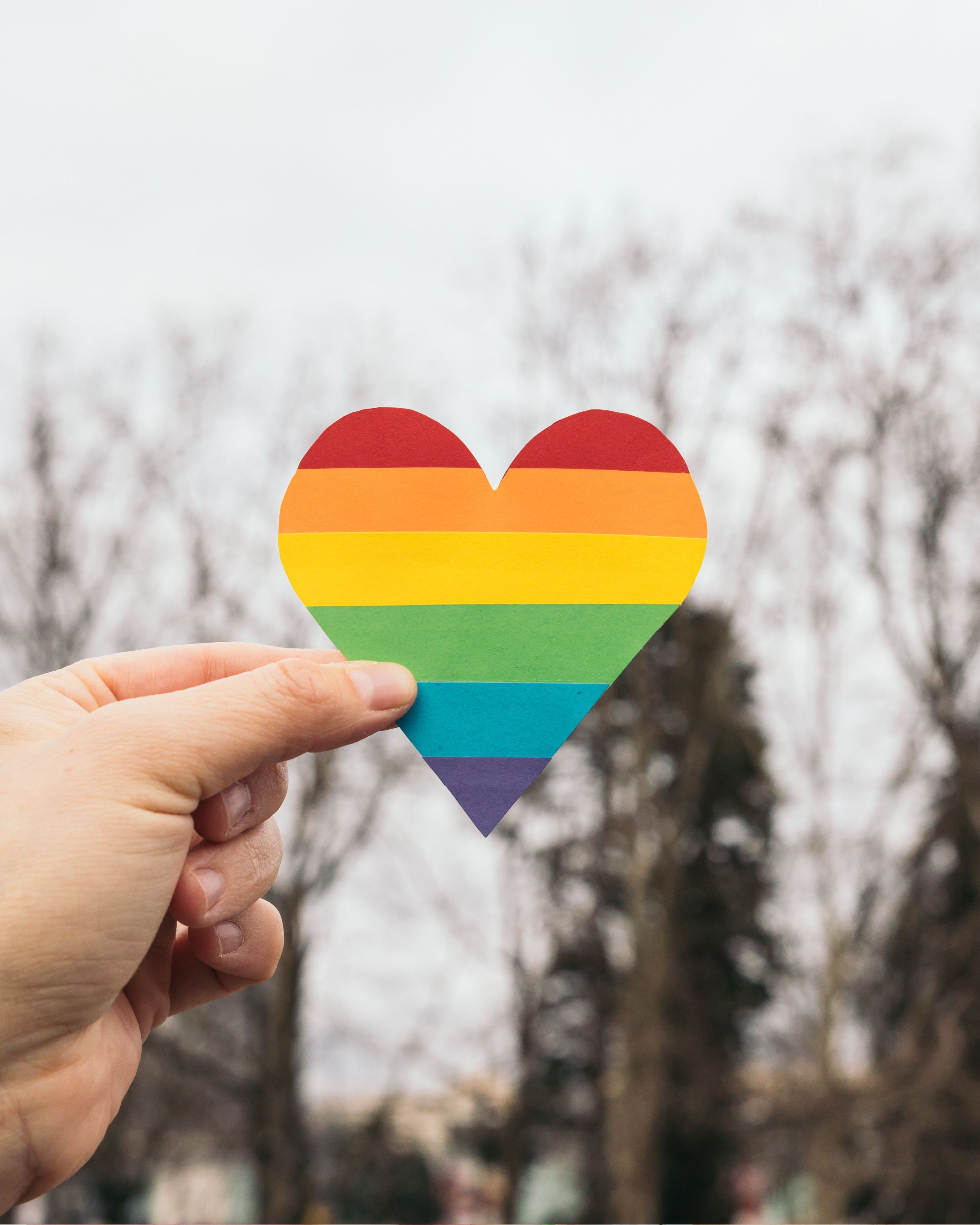 Hand holding a paper heart with rainbow pride flag stripes against a blurred background of leafless trees.