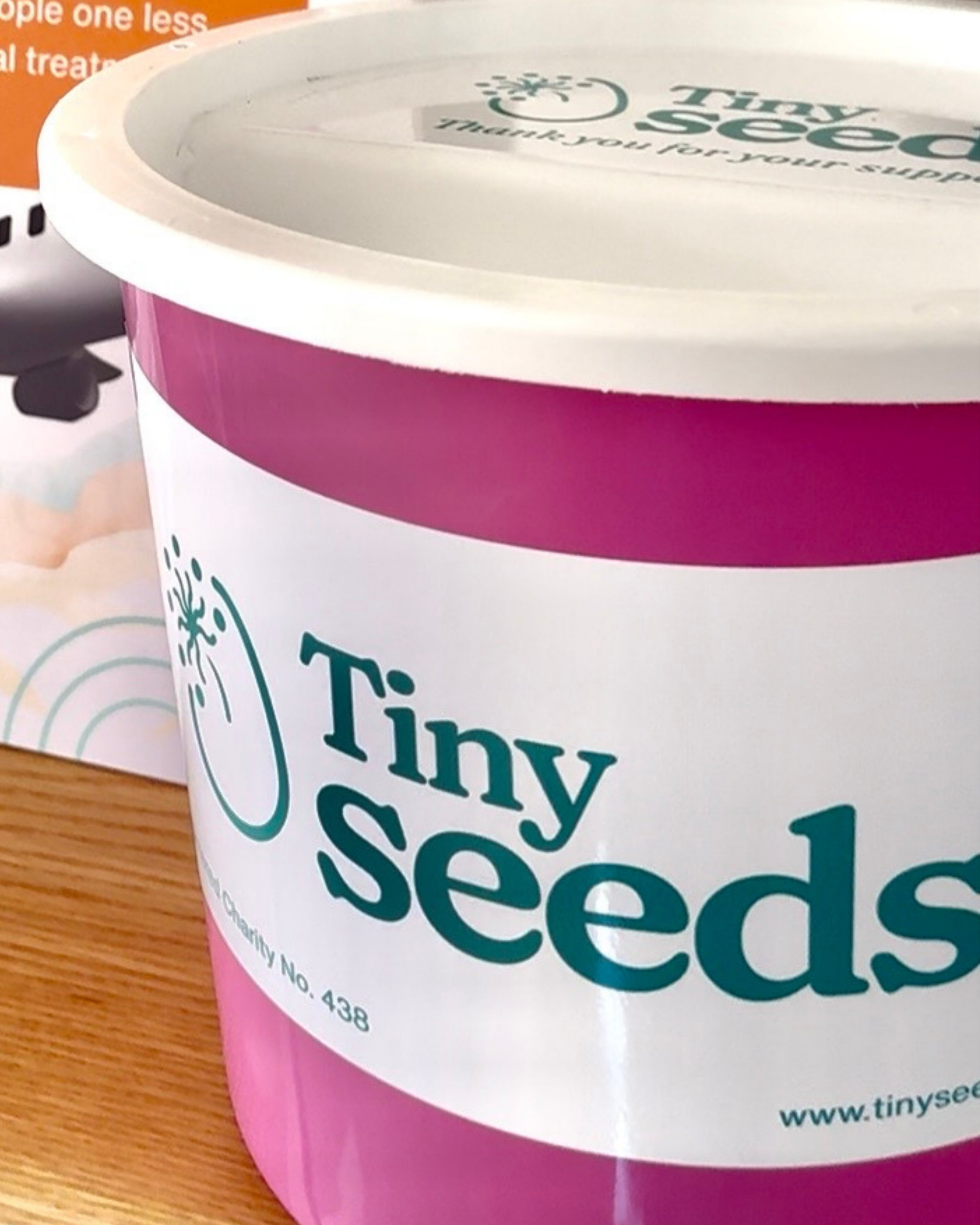 Close-up of a pink donation bucket with white label reading 'Tiny Seeds' on a wooden surface.