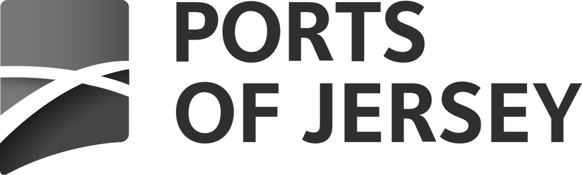Ports of Jersey text logo with abstract curved lines symbol in grayscale.