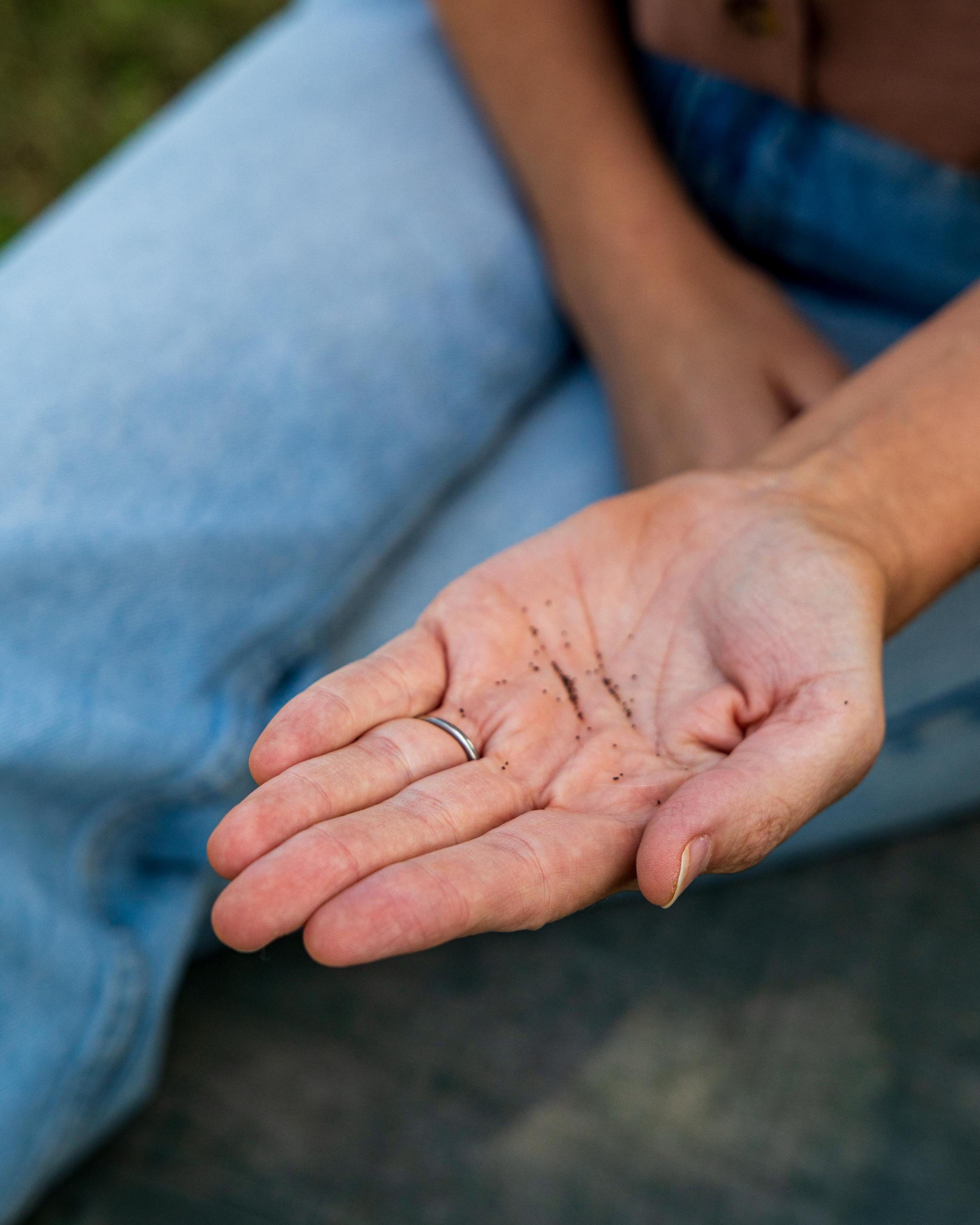 Close-up of an open hand with small dark seeds resting in the palm, person wearing blue jeans and a silver ring.