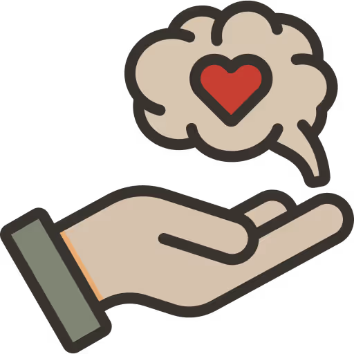 En hand som håller ett hjärta med en hjärnsymbol ovanför som symboliserar långsiktigt stöd och uppföljning inom ADHD-vård hos Vigilans Umeå AB.