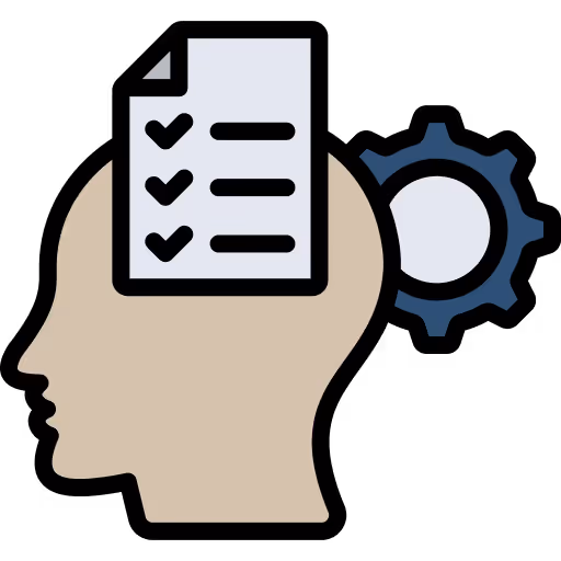 Ett huvud med en checklista och ett kugghjul som representerar de evidensbaserade metoder Vigilans Umeå AB använder i ADHD-utredningar och behandling.