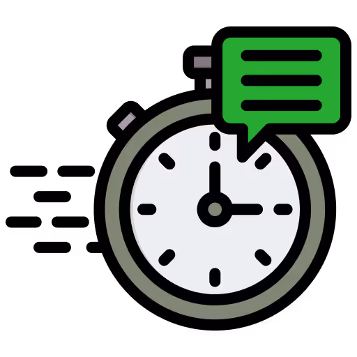 En snabbgående klocka med en grön pratbubbla, som symboliserar korta väntetider och snabb kontakt hos Vigilans Umeå AB.