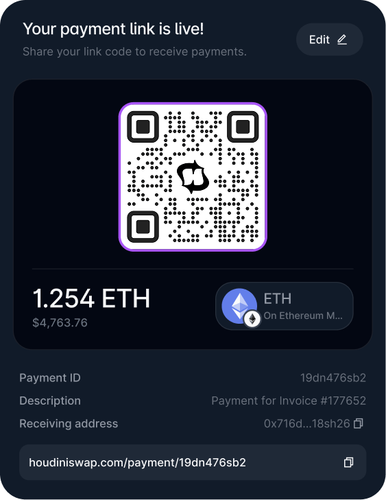 user interface of the created payment link showing a qr code and the link to share