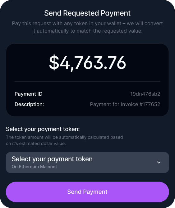 user interface of houdini pay from the  payer side showing the dollar value that can be paid in any token and chain