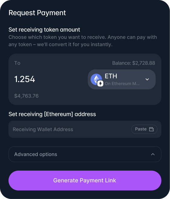 user interface of houdini pay where you can set the token and amount you want to request via a link