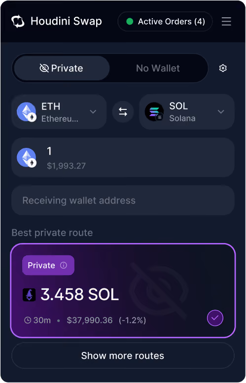 Cryptocurrency swap interface showing 1 ETH valued at $2993.88 to 22.453 SOL valued at $2974.80 with a purple 'Proceed To Swap' button.