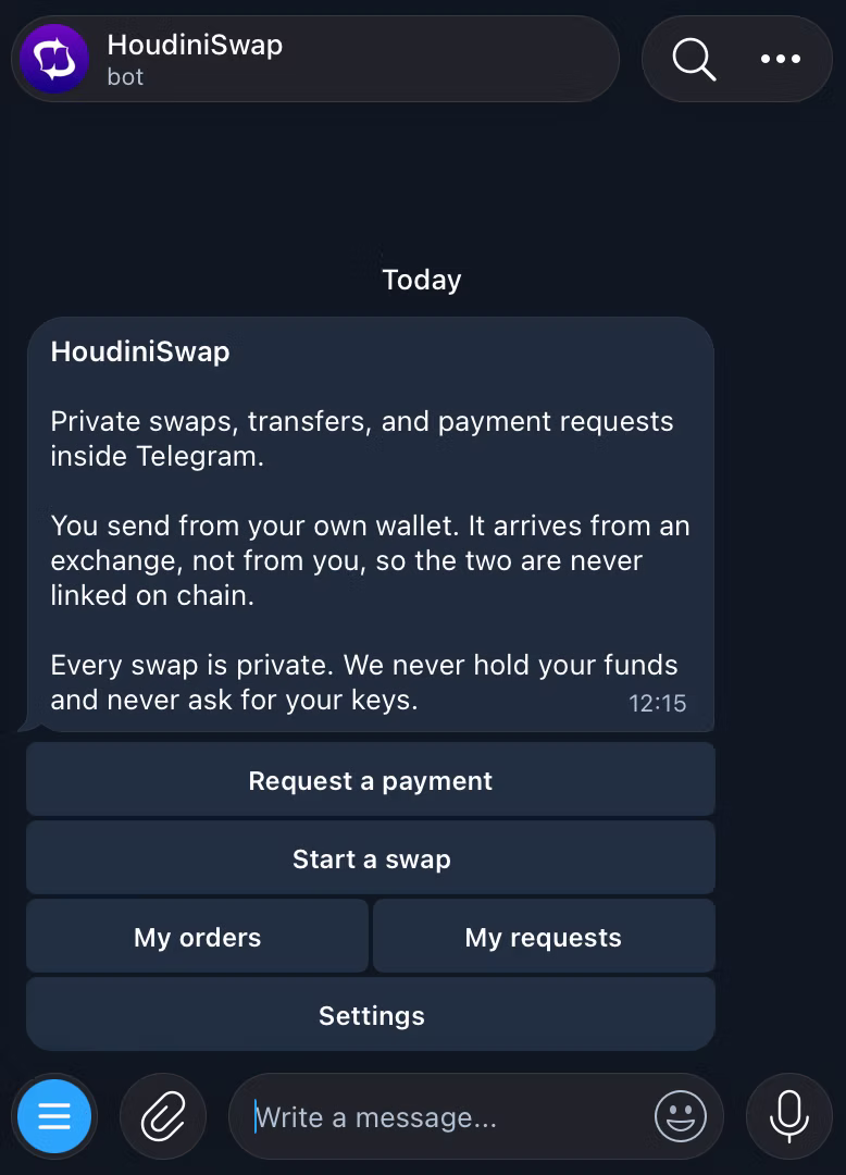 HoudiniSwap Telegram bot welcome screen with buttons for Request a payment, Start a swap, My orders, My requests and Settings.
