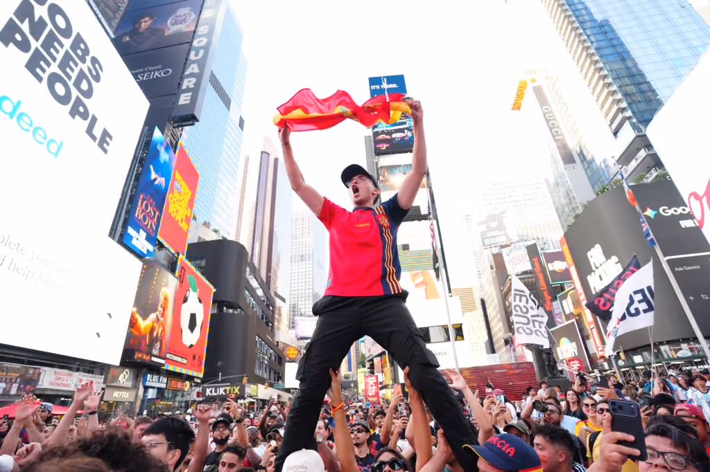 Fans react after Spain defeated Argentina in the FIFA World Cup final, 1-0, in Times Square on Sunday, July 19, 2026, in New York. (James Keivom for the New York Post)