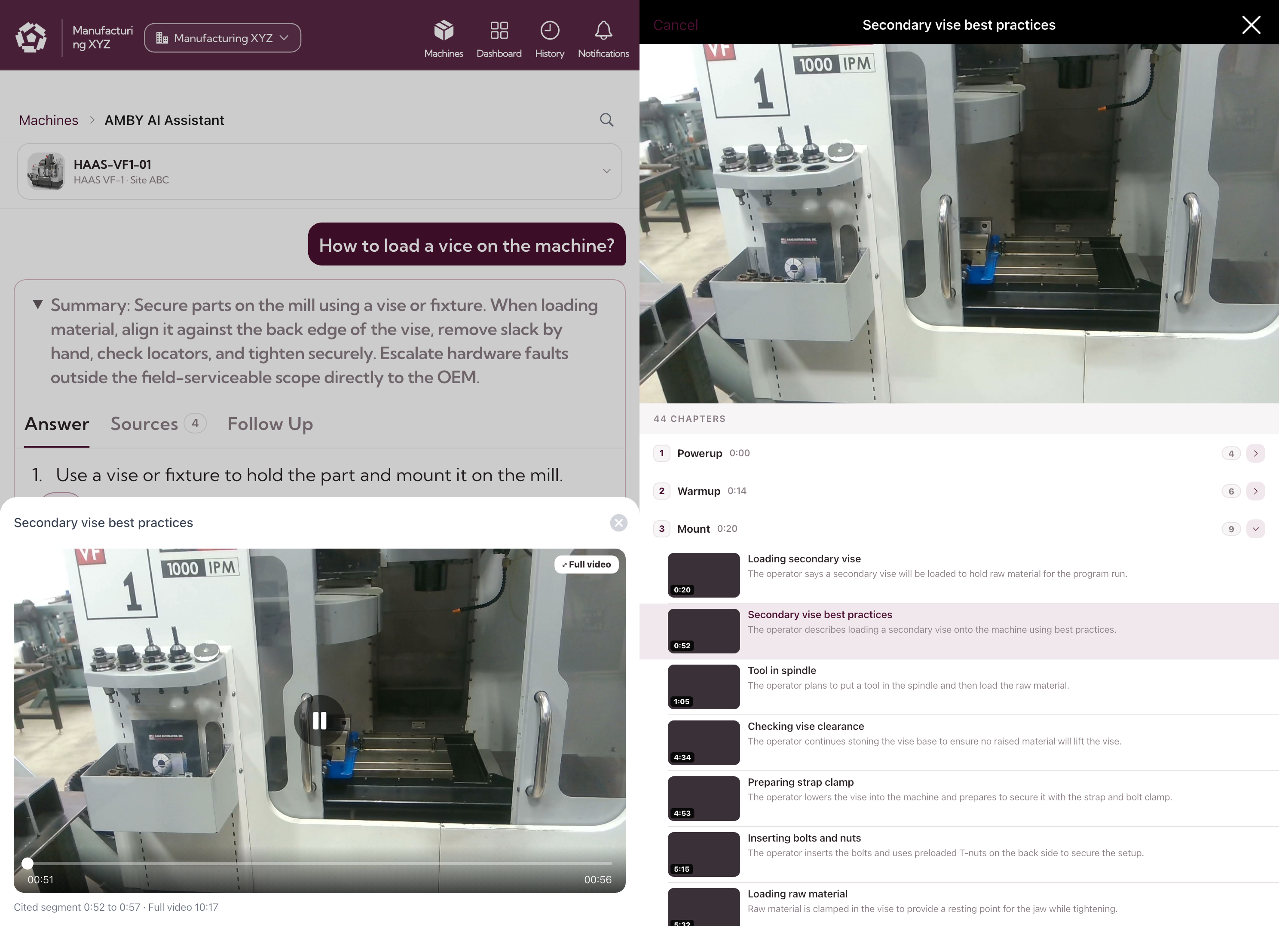 The Amby app showing a chaptered SOP video with the answer and cited source segment