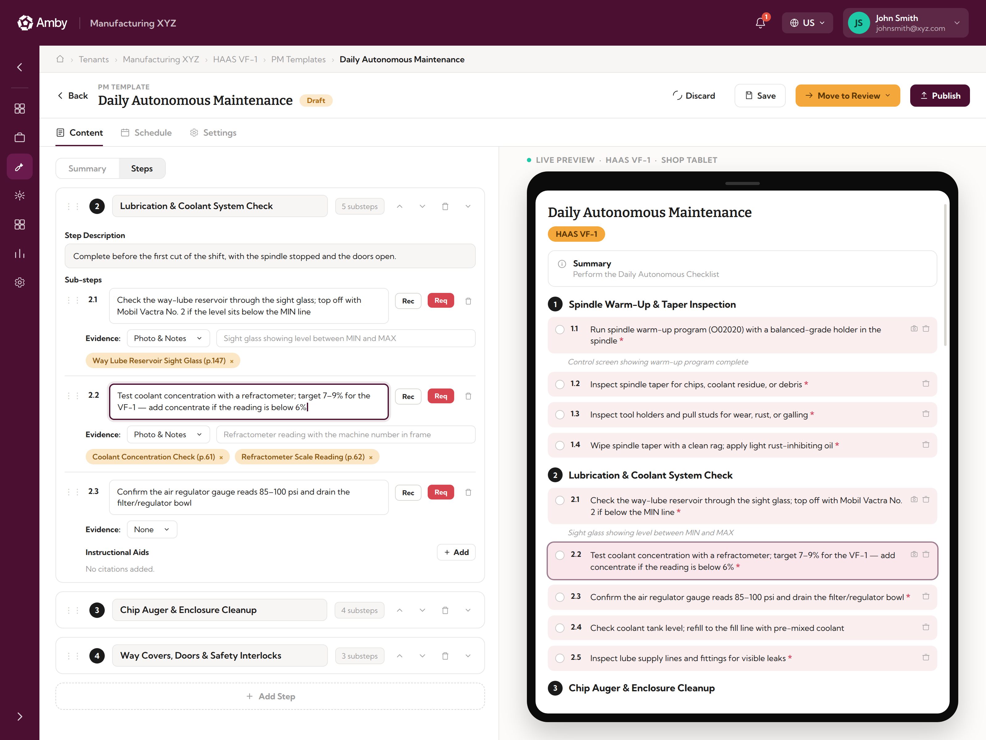 A generated standard operating procedure open in the Amby SOP editor, showing structured steps and a live preview