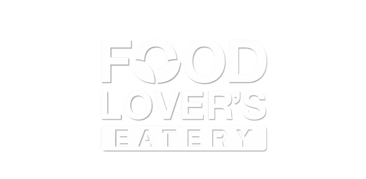 Logo of Food Lover's Eatery with a leaf design inside the first O of Food.