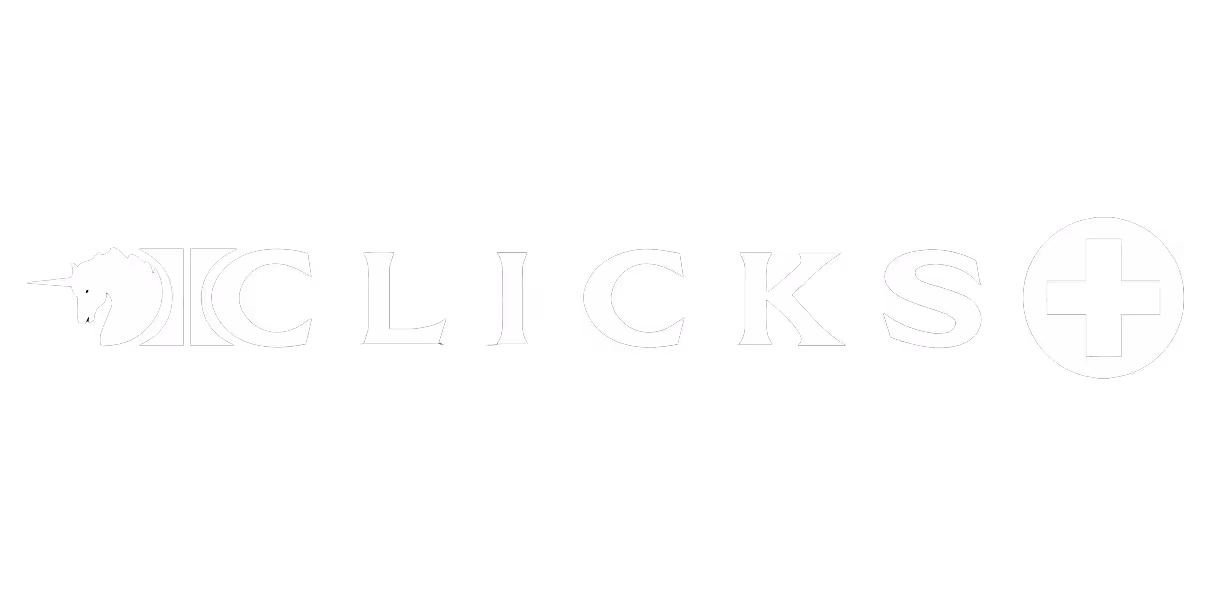 Logo featuring a stylized unicorn head followed by the word 'CLICKS' and a circular plus symbol.