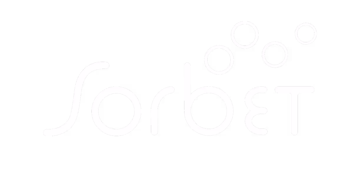 Stylized white Sorbet logo with four dots rising above the letter b on a black background.