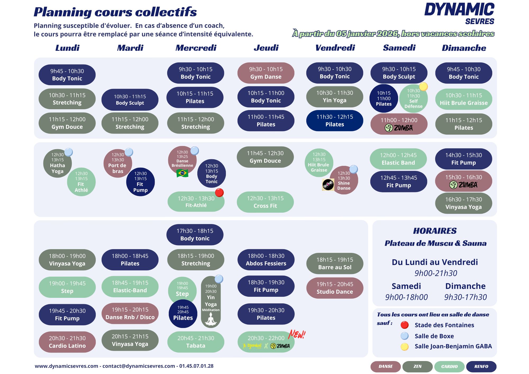 Planning des cours collectifs de fitness et bien-être de lundi à dimanche avec horaires, types de cours comme Body Tonic, Pilates, Yoga, Zumba, et indications des lieux spécifiques pour certains cours.
