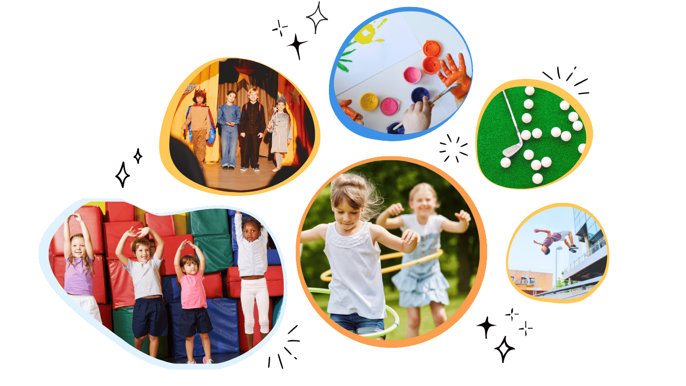 Collage d'activités pour enfants : théâtre, peinture, golf, exercices de gym, jeu avec cerceaux et trampoline.