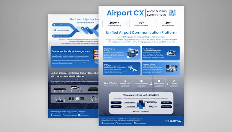 Airport CX product sheet. PAS, digital signage, flight data, and hardware in one platform for airports.