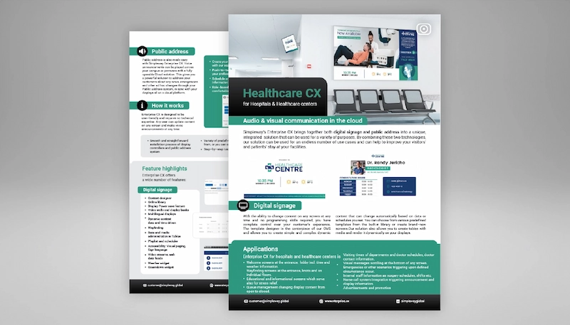 Healthcare CX product sheet. PAS, digital signage, nurse call, and hardware in one platform for medical facilities.