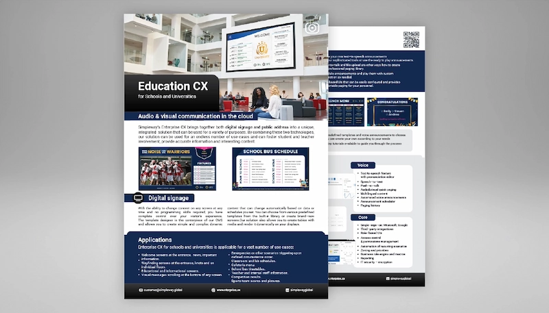 Education CX product sheet - PAS, digital signage, security systems, and hardware in one platform for school campuses.