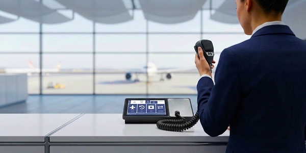 Gate podium handset in the foreground of an airport terminal, with departure boards visible behind it.