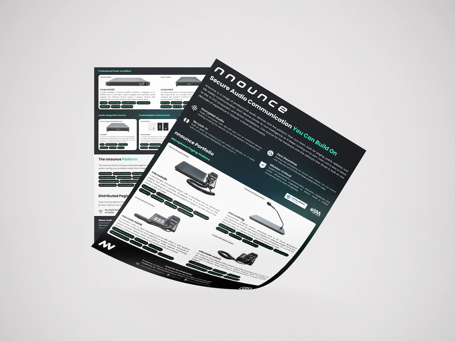 A two-page overview of the nnounce portfolio, from paging stations and amplifiers to the platform that runs them all.