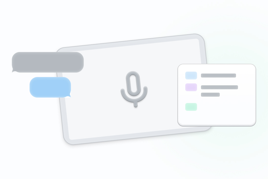 Illustration of a microphone icon on a screen with speech bubbles and a color-coded text list.
