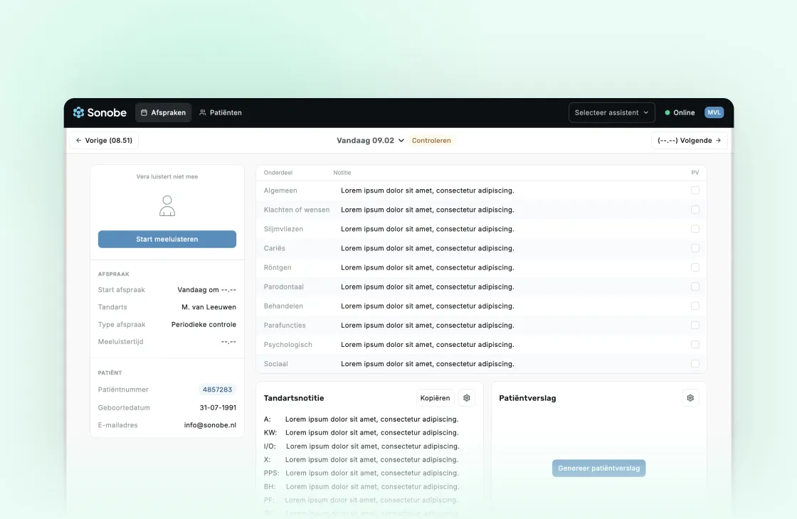 Digital dental appointment interface showing patient details, notes with placeholder text, and options to start listening and generate patient reports.