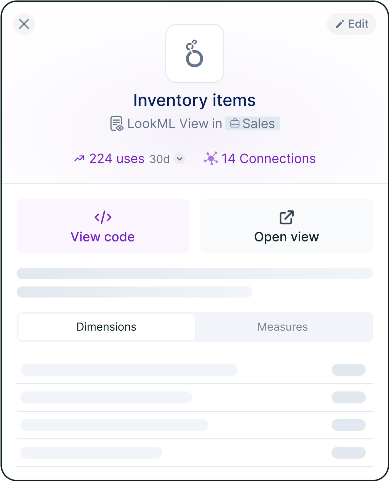 Interface panel titled Inventory items with options to view LookML code or open view, showing usage stats and connections count.