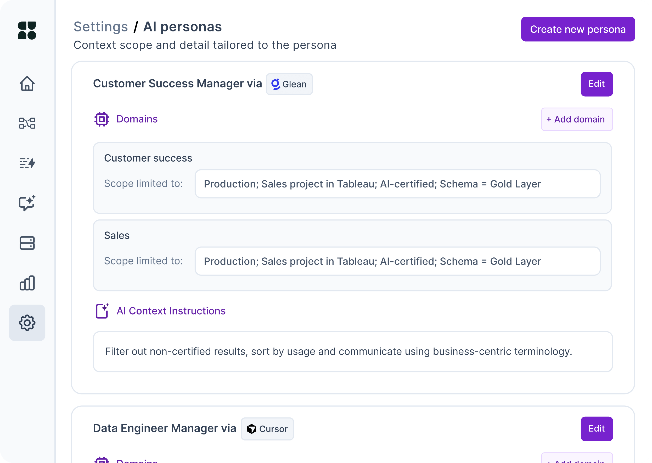 Settings page for AI personas showing customizable context scope and details with sections for Customer Success Manager via Glean and Data Engineer Manager via Cursor, including domain scopes and AI context instructions.