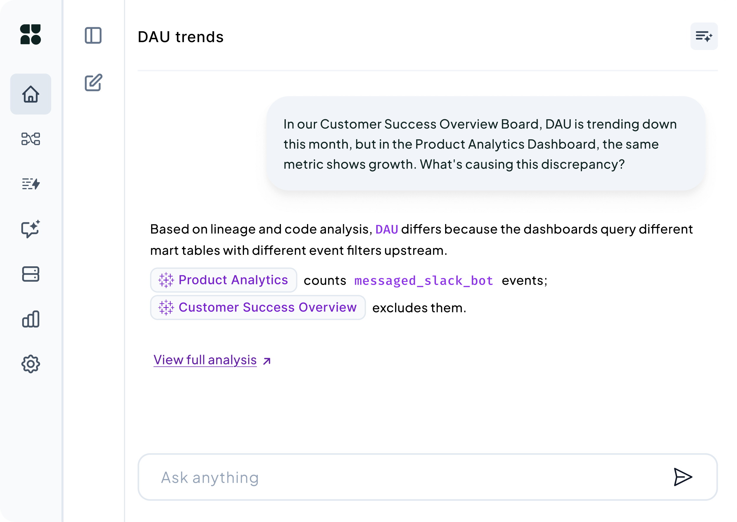 Dashboard screen discussing DAU trends showing a message about differing DAU metrics between Customer Success Overview and Product Analytics dashboards due to different event filters on tables.
