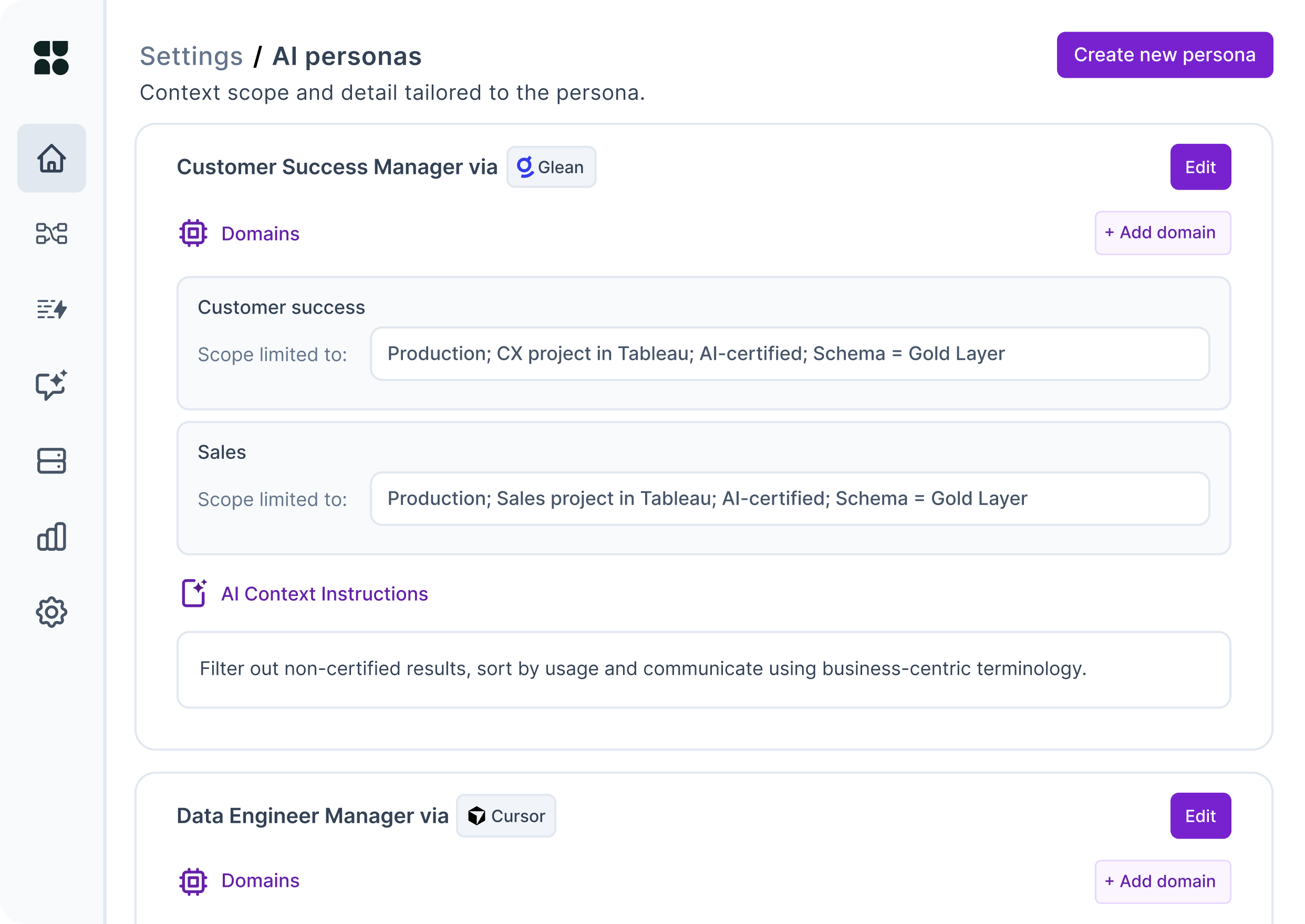 Settings page for AI personas showing customizable context scope and details with sections for Customer Success Manager via Glean and Data Engineer Manager via Cursor, including domain scopes and AI context instructions.