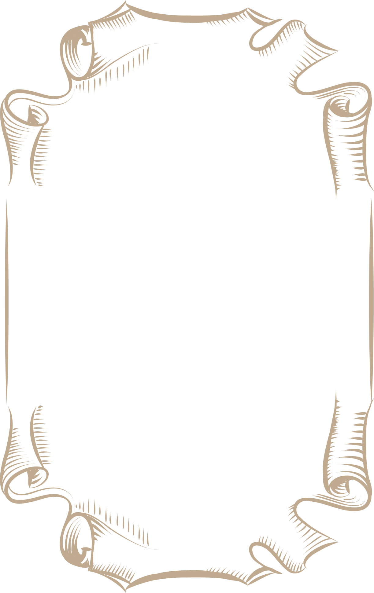 Decorative vintage frame made of beige scroll ribbons on a transparent background.