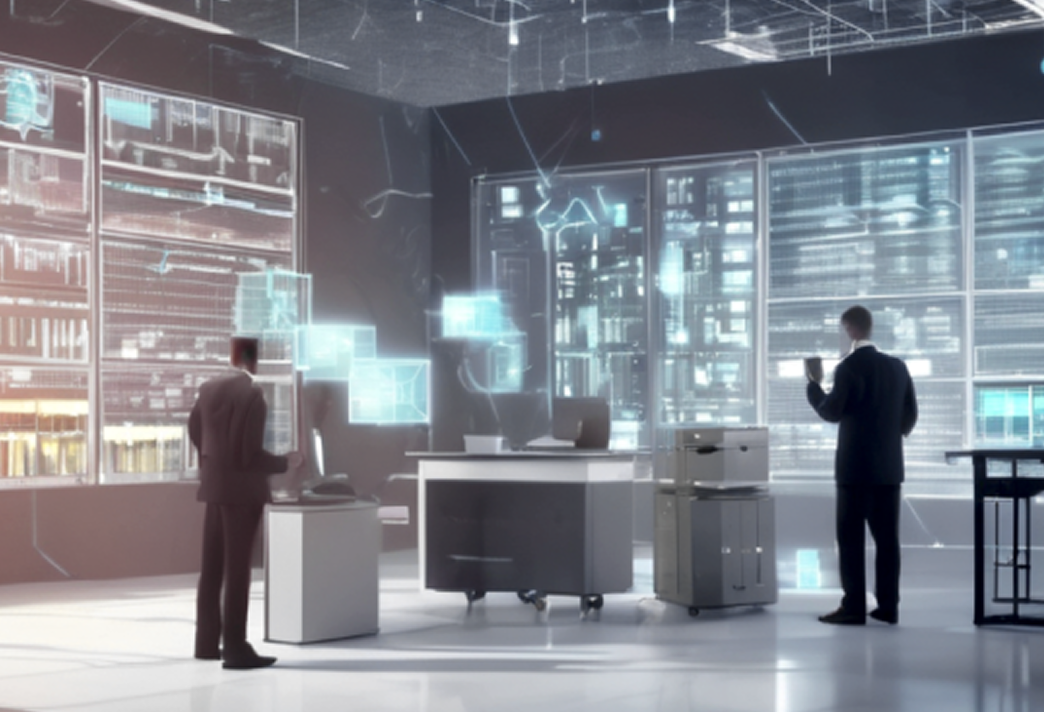 Two men in suits stand in a futuristic office with holographic data displays and large windows showing a cityscape.