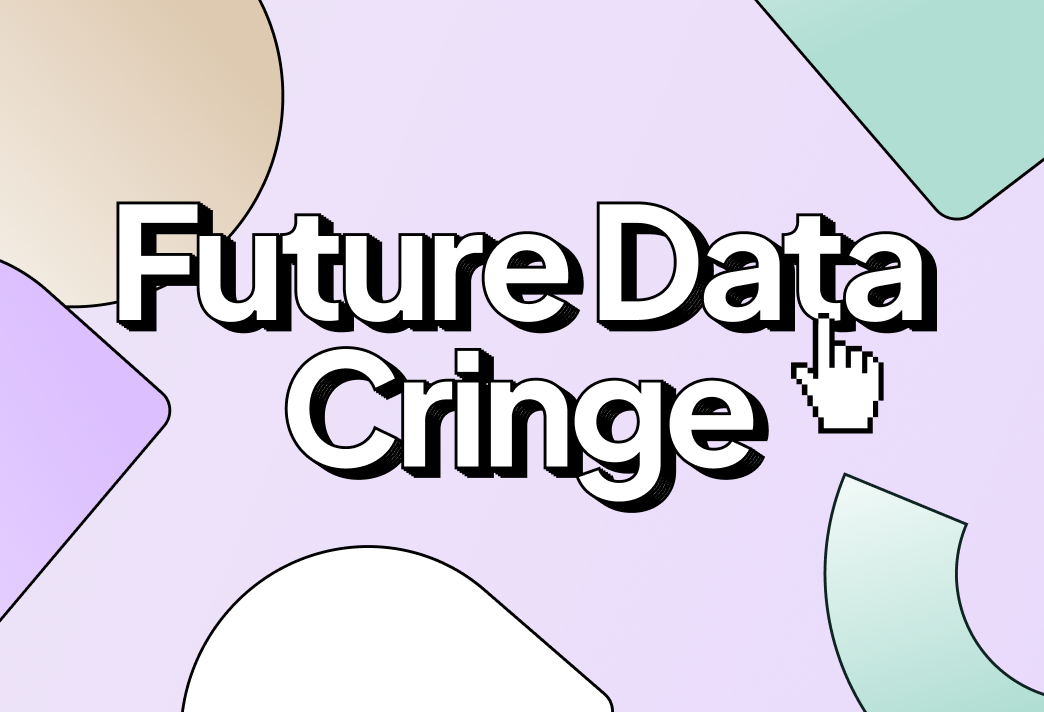 Text 'Future Data Cringe' with a pixelated hand cursor on a pastel background with abstract shapes.