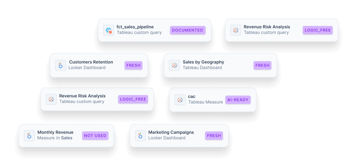 Nine labeled data cards showing various analytics and dashboards with tags like Documented, Logic_Free, Fresh, AI-Ready, and Not Used.
