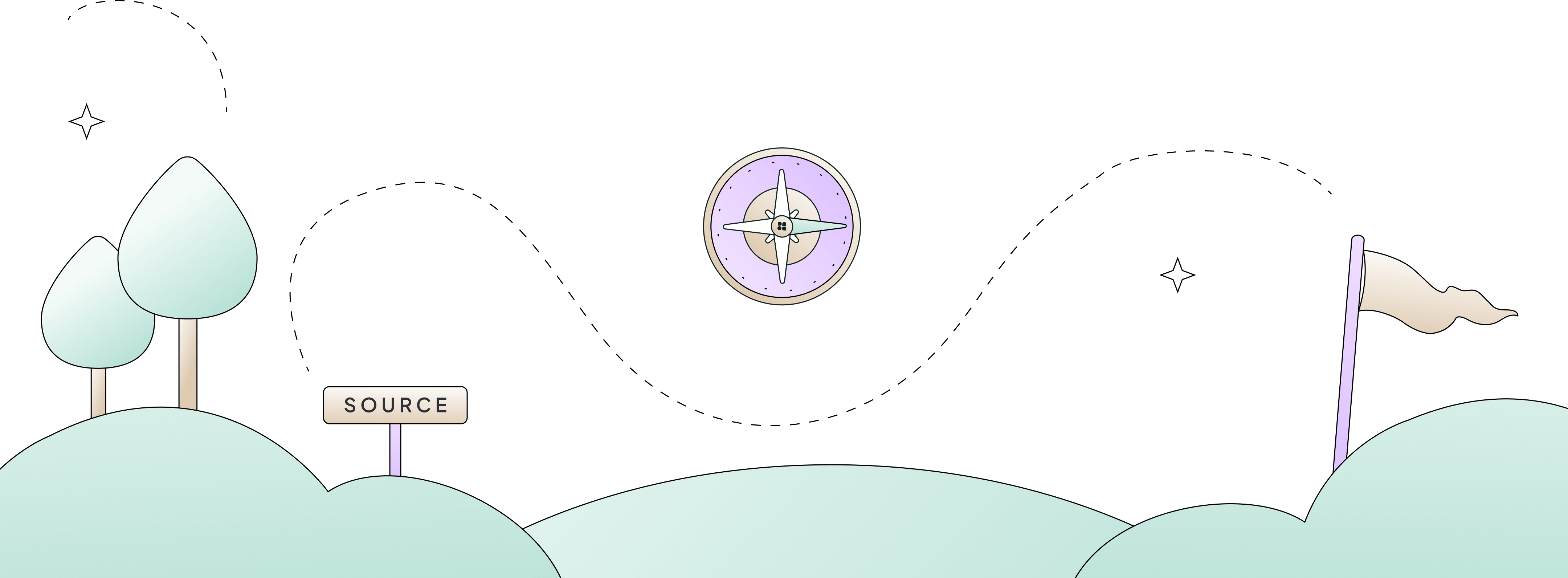 Minimalist landscape with two trees on a hill labeled Source, a compass in the sky, and a flag on a distant hill symbolizing a journey or direction.