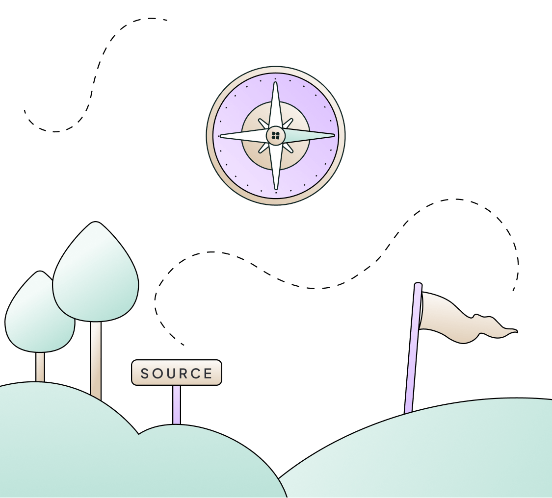 Illustration of a compass above hills with trees, a sign labeled 'SOURCE,' and a flag on a hill.