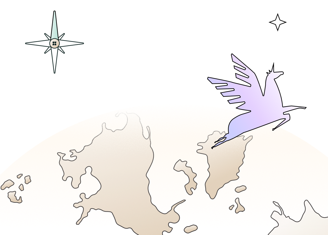 Illustration of a stylized purple flying horse with wings over a beige-toned simplified map of the Earth, with two star shapes in the black sky.