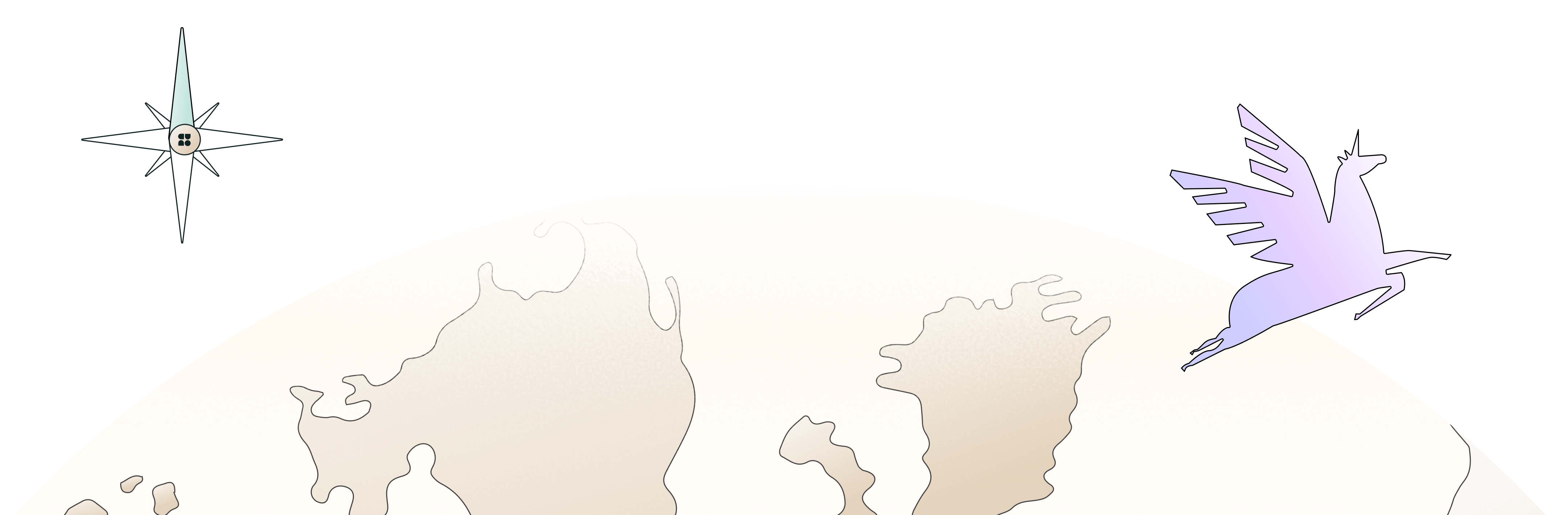 Illustration of a beige-toned earth globe with a compass rose on the top left and a gradient purple winged unicorn flying on the top right.
