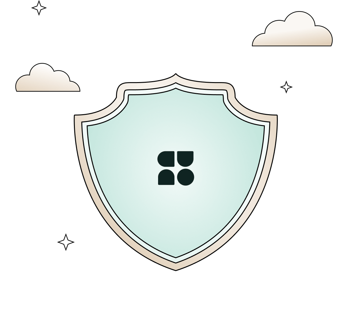 Blue shield icon with four black geometric shapes in the center, surrounded by stars and clouds on a black background.