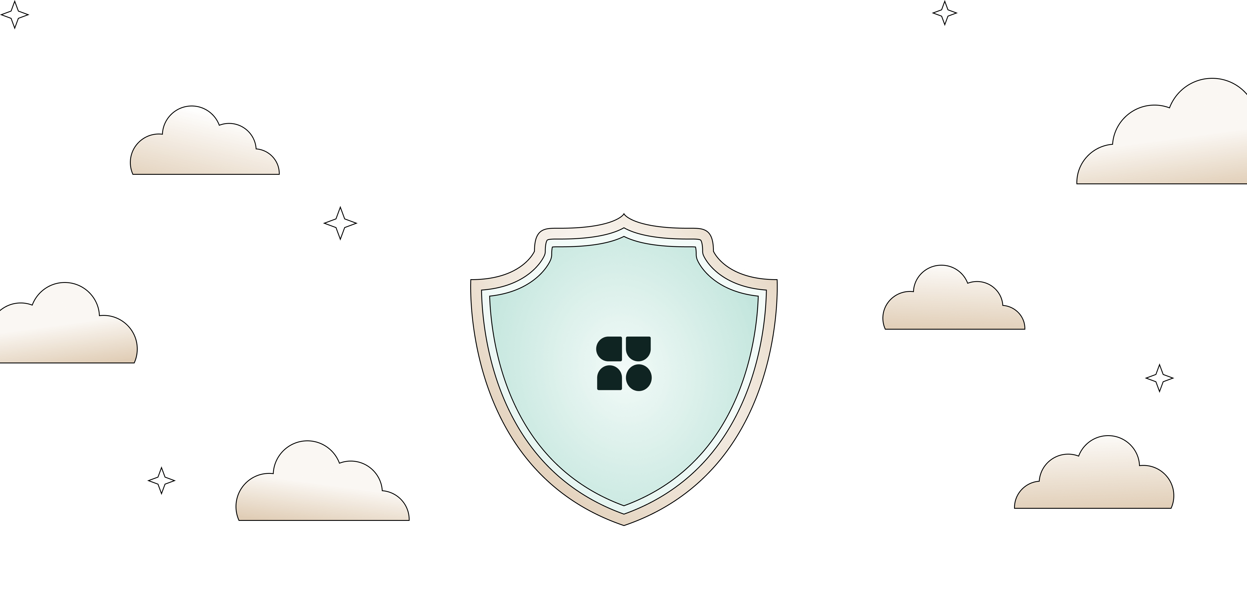 Shield emblem with a geometric symbol in the center, surrounded by stars and clouds on a black background.