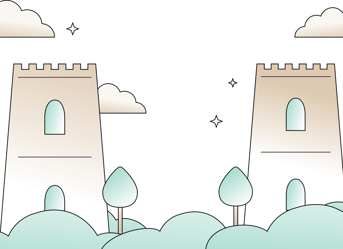 Illustration of two beige castle towers with arched windows surrounded by green hills, trees, clouds, and stars in a night sky.