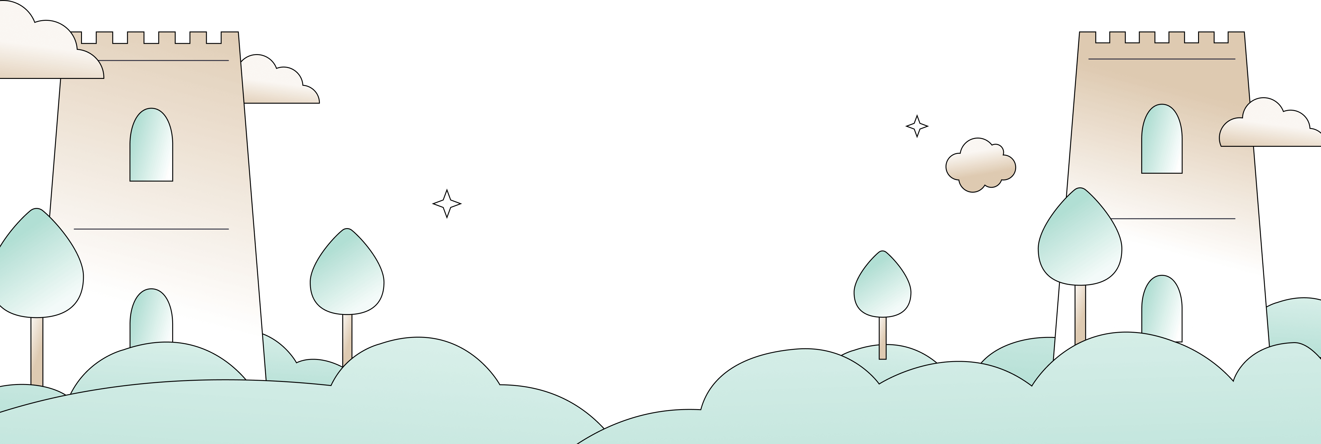 Illustration of two beige castle towers surrounded by trees, bushes, clouds, and stars on a black background.