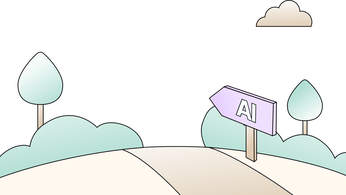 Illustration of a path leading to a signpost pointing right labeled 'AI' with trees, bushes, and a cloud in the background.