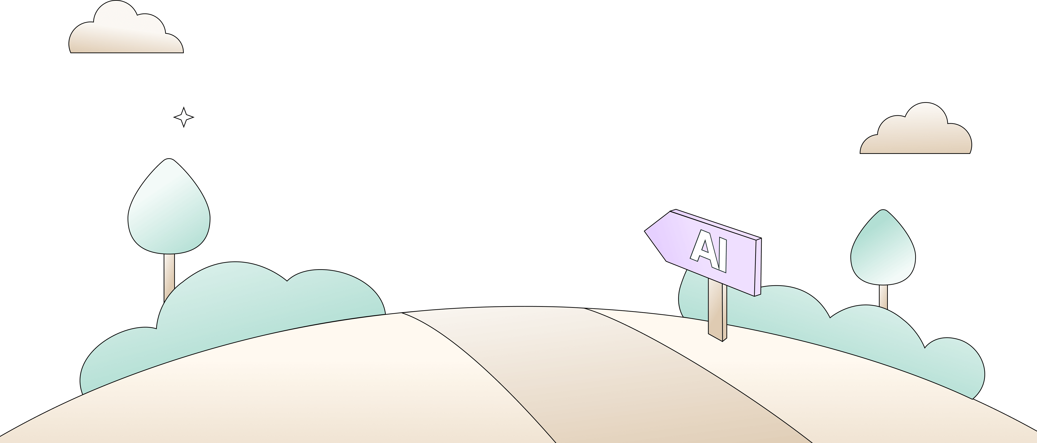 Minimalistic landscape with a pathway, two trees, bushes, clouds, and a signpost labeled AI pointing right.