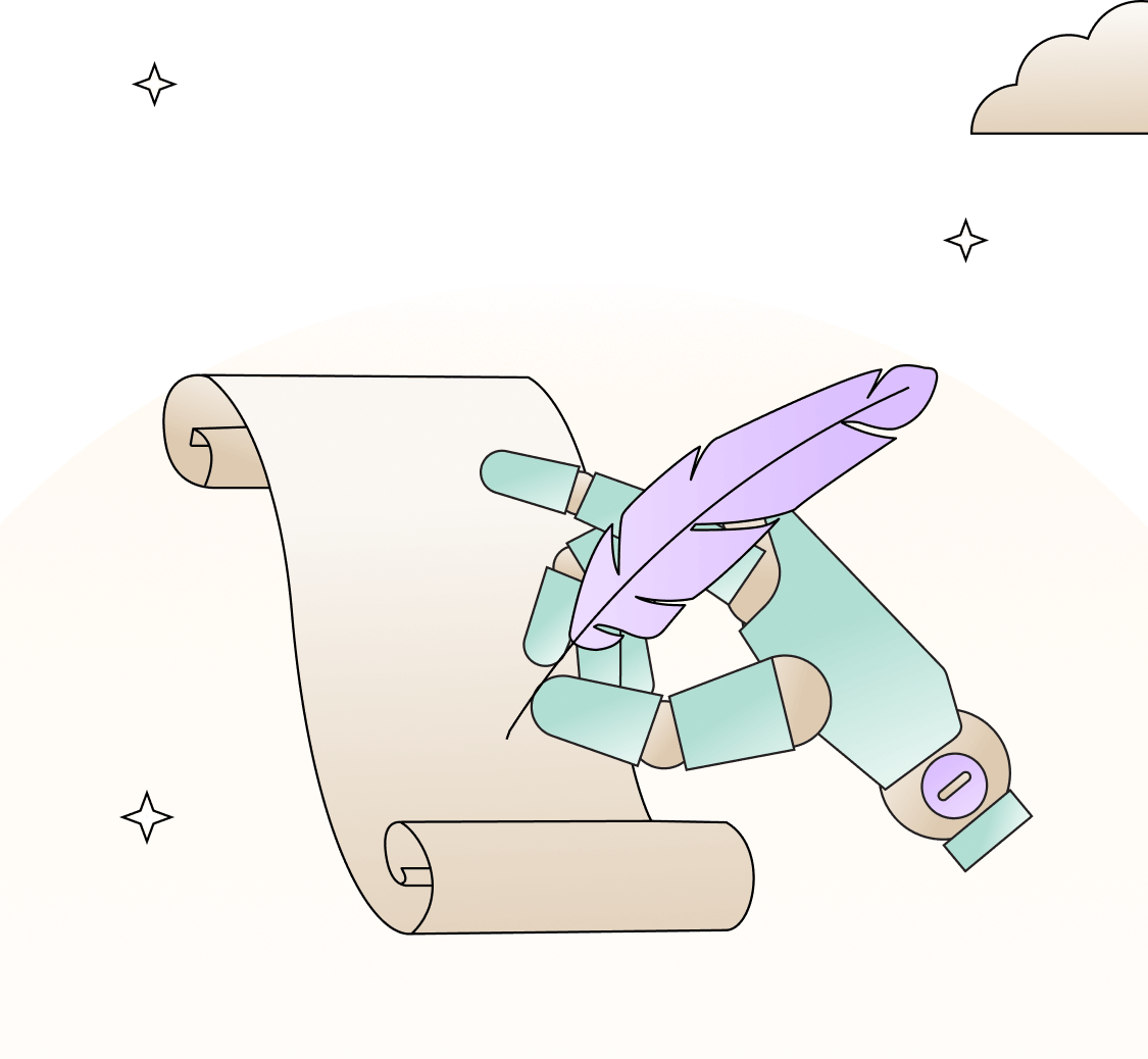 Illustration of a robotic hand holding a purple quill pen writing on a parchment scroll.