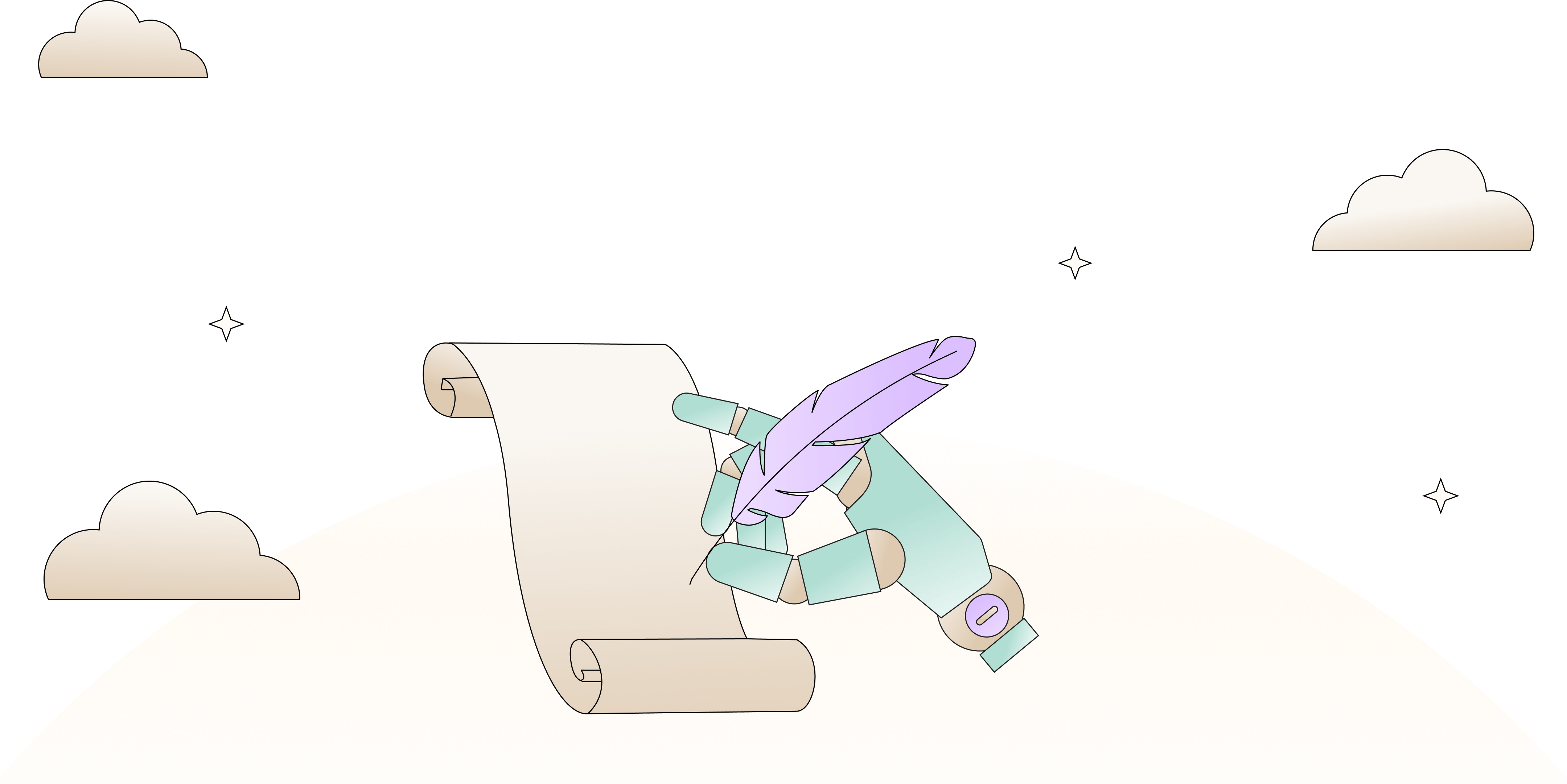 Robot hand holding a purple feather quill writing on a long scroll against a dark sky with clouds and stars.