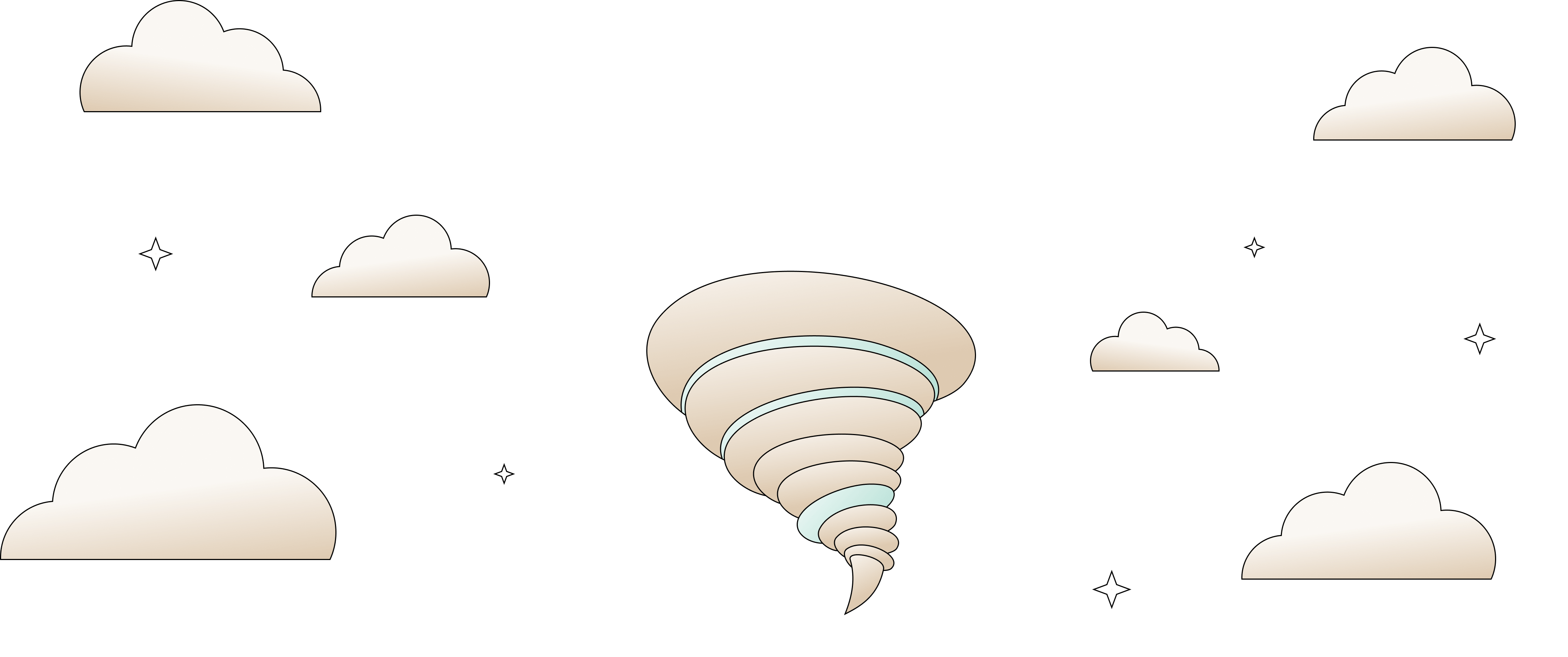 Abstract swirling spiral resembling a tornado surrounded by stylized clouds and small stars on a black background.